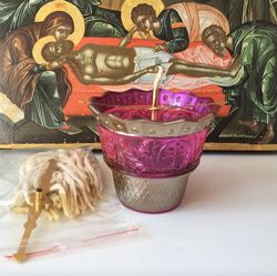 Traditional Russian Orthodox Utensils Set: Glass Table Lamp Nika - Pink, Two Russian Style Wick Holder And 25 Wicks.