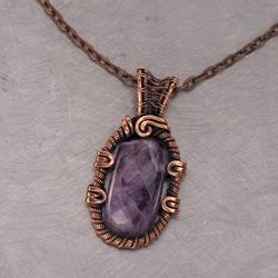 Unique copper wire wrapped pendant this natural faceted amethyst Healing wire weave statement necklace for her woman