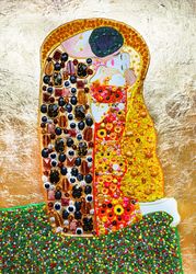 Love couple Kiss Klimt original painting canvas, man woman portrait. Precious stones crystal art, mosaic wall home decor