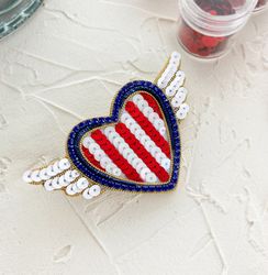 Red Heart Beaded Brooch, Embroidered Heart Brooch, Beaded Heart Pin, Winged Heart Brooch Pin, Angel Wings Brooch