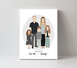 Custom Family Portrait with pet, Christmas illustration, Digital portrait