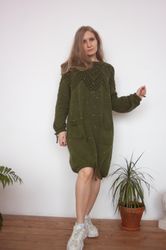 Dress Tunic hand-knitted wool with sequins green oversized