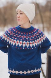 Blue nordic handcrafted soft  knitted pullover