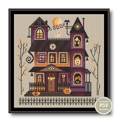 Cross Stitch Sampler Halloween Spooky House. Horror Pumpkins Scull Scary Halloween Modern Template Pdf File 208