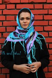 TURQUOISE felted merino wool shawl. bohemian felt scarf nunofelt merino wool and SILK. winter accessories women scarf or