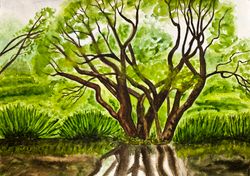 Willow tree summer landscape watercolor painting
