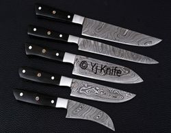 Custom Hand Forged, Damascus Steel Chef Knife Set, Kitchen Knife Set of 5 Pieces, With Leather Sheath Roll, Gift For Him