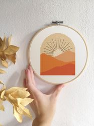 Abstract landscape cross stitch pattern PDF Contemporary cross stitch Sunrise and mountains Easy cross stitch