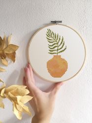 Botanical cross stitch pattern Abstract vase and plant cross stitch PDF Palm leaf and clay pot Boho embroidery
