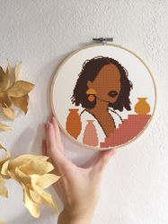 Black girl cross stitch pattern Boho woman cross stitch PDF Afro woman portrait African American girl Abstract vases