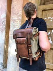 Leather Canvas Backpack Sling Backpack Messenger Bag Satchel Men Bag Vintage Leather Bag