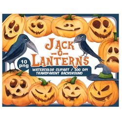 Watercolor Jack-o-Lantern Clipart - Halloween Pumpkins PNG