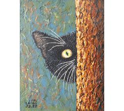 Cat Painting Original Art Pet Portrait Black Cat Artwork Impasto Animal Portrait Cat Wall Art 8x6" by NataDuArt