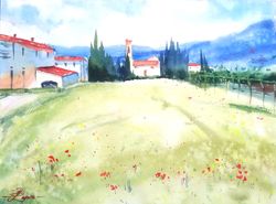 Italy Painting Tuscany Original Artwork Landscape Painting Watercolor Art 14" by 10" by ArtMadeIra
