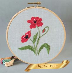 Poppy pattern PDF hand embroidery DIY, Floral design