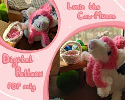 lunia the cow-mouse with basket, hat and flower crochet pattern, amigurumi pattern, crochet mouse pattern