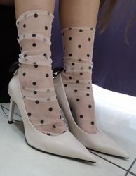 Tulle Mesh Socks Dots French for Women | Sheer Socks Nude Nylon | White Polka Dots Socks Mesh French Transparent