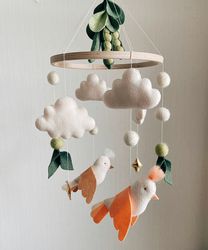 Woodland baby mobile Green peas  and forest birds/ neutral nursery decor