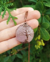 Wire Wrapped Rose Quartz Tree Of Life Pendant, 7 Year Anniversary Gift for Wife, Copper Wedding Anniversary Gift for her