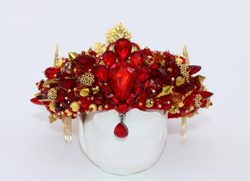 Red and gold headband crown Beaded tiara Red royal diadem Bridal wedding crown Victorian style headpiece