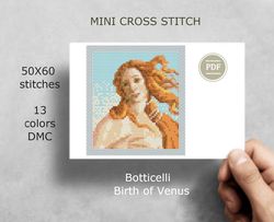 Mini cross stitch pattern Modern tiny art - Botticelli - Birth of Venus - Famous art Tiny miniature painting 195