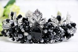 Black and silver crown Event headdress Crystal headband Gothic headdress Handmade beaded tiara Royal diadem with leaves