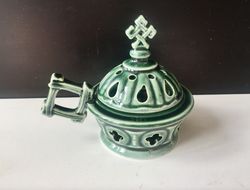 Church Hand-made Porcelain Incense Burner. undefined "square" With Colored Glaze, Hand Made In Russia