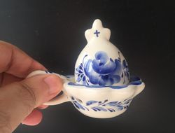 Church Hand-made Porcelain Incense Burner. "gzhel" Blue - White With Colored Glaze, Hand Made In Russia