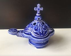Church Hand-made Porcelain Incense Burner. "slavic" Blue With Colored Glaze, Hand Made In Russia