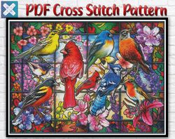 Birds Cross Stitch Pattern / Bird Cross Stitch Chart / Birds Stained Glass Cross Stitch Pattern / Printable PDF  Chart