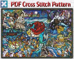Mermaid Cross Stitch Pattern / Disney Stained Glass Cross Stitch Pattern / Ariel Cross Stitch Pattern / Printable PDF