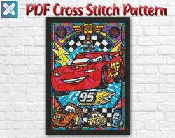 Disney Cross Stitch Pattern / McQueen Cars Cross Stitch Pattern / Disney Stained Glass Cross Stitch Chart / Instant PDF
