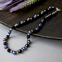 Black and Blue Choker Necklace Handmade, Dramatic Crochet Choker of Glass Beads