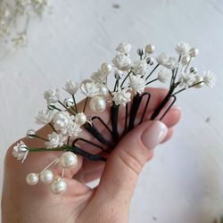 Babys breath hair pins, Gypsophila flowers pearl hair piece , Floral wedding hair pins , Bridal headpiece