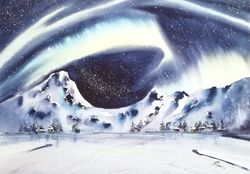 Mountain Painting Aurora Borealis Original Artwork Watercolor Landscape Art  10"by 15"  by ArtMadeIra