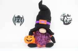 Halloween BOY Gnome in witch hat with a cauldron and a broom / Witch box Gift