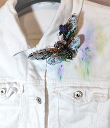Rainbow embroidered moth with vintage beads and glass flower