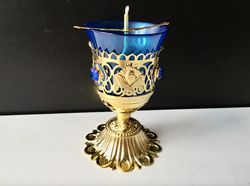 Six Wing Seraphim Standing Vigil Lamp: Blue Glass - Gold Plated - Ordination And Clergy Gifts, 6"