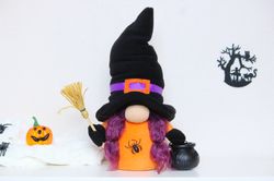 Halloween GIRL Gnome in witch hat with a cauldron and a broom / Witch box Gift