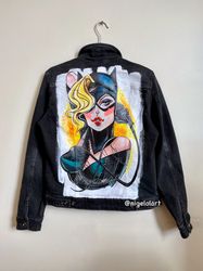 Catwoman Painted denim jacket handmade Dc comics black denim jacket Black cat