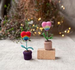 Miniature Rainbow HEART potted, Crochet heart flower decoration, Cute desk decor, Cheer up gift, Mini plant fairy garden