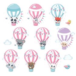 Cute baby animals on a hot air balloon. PNG, JPG, 300 DPI. EPS.