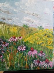 Floral original  oil  painting, Wild flowers with echinacea in the fields,  8x10 inches canvas on board, impressionism