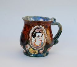 Beautiful handmade Art mug Frida Bright cup relief Female portrait Designer mug Handmade ceramics Gift for an artist