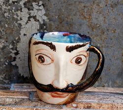 Handmade porcelain mug Surrealism Salvador Dali Artist portrait Cup face ceramic Porcelain mug handmade Mustache Dali
