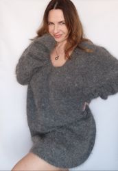 Men fluffy angora sweater Hand knit fluffy soft sweater Fuzzy wool grey jumper