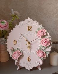 Small pink table clock with pink roses in shabby chic style Silent wall clock for bedroom Nursery decor Wedding gift