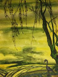 Bird and tree on green background watercolor painting