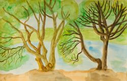 Willow trees near water watercolor painting