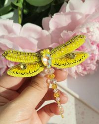 Yellow dragonfly jewelry brooch beaded, insect jewelry